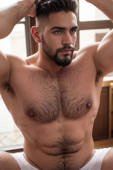 male, white,  cubano muscular, green eyes, Light skin, small beard, hunter eyes, white in warm vibrant colors, tattoos, muscular, hairy body , 35 years old , a raised arm, brazos super muscular ,beefy fat , big super hairy body , chubby, Profile, Bear gay,...