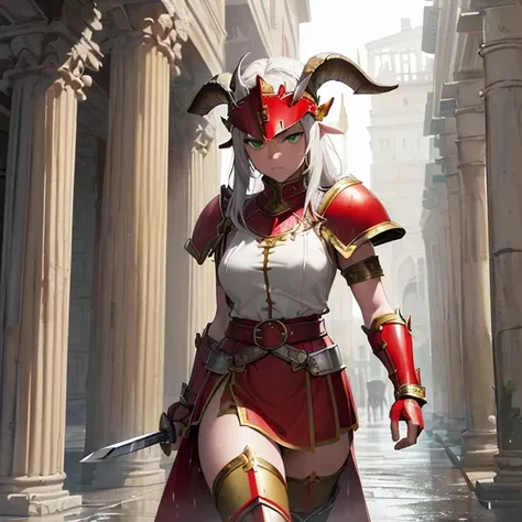 High Resolution, Simple background, Masterpiece, Best Quality, Detail, HD, High Quality, 
{{(female adult faun centurion: (fair skin, green eyes, sharp nose, black eyebrows, two goat firm horns), (crimson roman centurion helmet, roman crimson armor steel c...