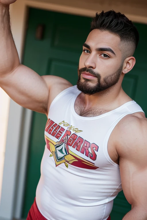 male, white,  cubano muscular, green eyes, light skin, small beard, hunter eyes, white in warm vibrant colors, tattoos, muscular...