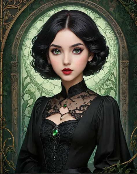 basic art nouveau style, a vampire daughter of severus snape, 11 year old tarot card with, girl, perfect face, young, (((oval fa...