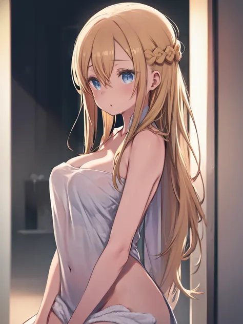 One Woman、After bath、Beautiful woman after bathing、naked、White panties、Cleavage、Sweat、Blonde Hair、long hair、Hair between the eyes、Braid、Blue Eyes、Big Breasts、Huge breasts、hang a towel around your neck、towel around neck、Wet Hair、belly button、indoor、Upper Bo...