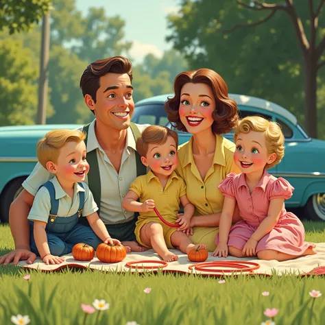 A vintage advertising poster of a happy 1950s suburban family picnicking in a well-kept park, with a vintage car parked nearby. Children playing with hoops, and everyone dressed in vibrant, period-appropriate clothing.