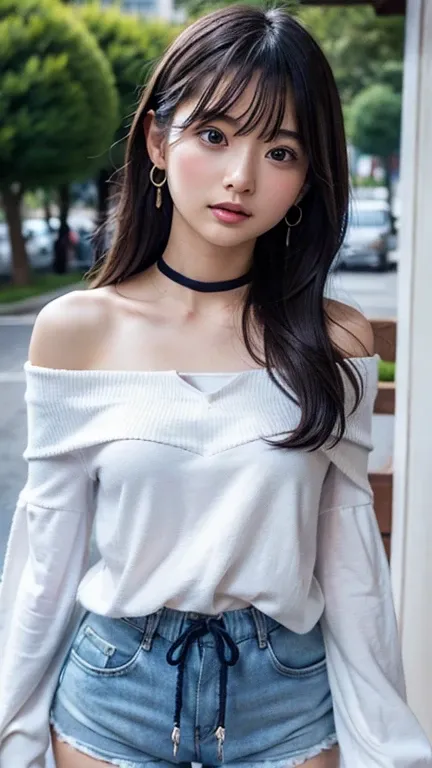 ((Off-the-shoulder knit、Drawstring Cami、Pintuck shorts))beautiful, calm and bright look、Refreshing look、完璧なbeautifulcute顔、Very bright、Long bangs between the eyes、Long black hair straight hair、とてもcute、beautifully、Young little woman、非常に完璧なbeautifulcute顔、、Rea...