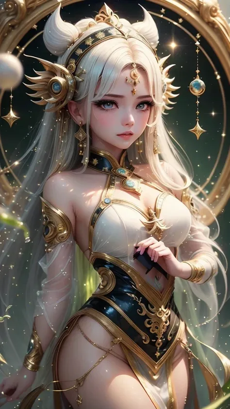 (masterpiece、Highest quality、Highest quality、Beautiful and beautiful:1.2)、Focus on the eyes、The story of the girl with milky white hair、Astrologer costume、lime、Beautiful Eyes、lips、Good move、The best move、12 Zodiac Signs、Going around、Luminous Splash in Both...