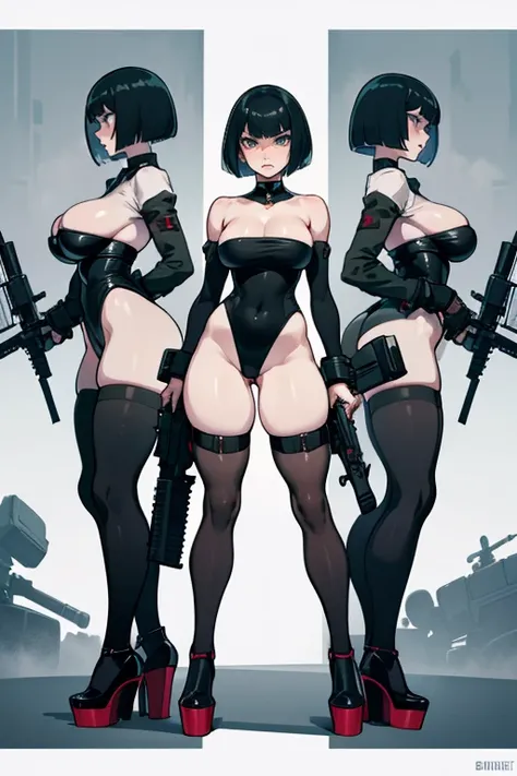 thick hips, thick thighs, platform heels, high cut leotard, bandeau top, huge breast, thin waist, bob cut hair, weapon, pale skin, gun, angry look, scream, thick body, tight stockings, military camouflage, front profile back,