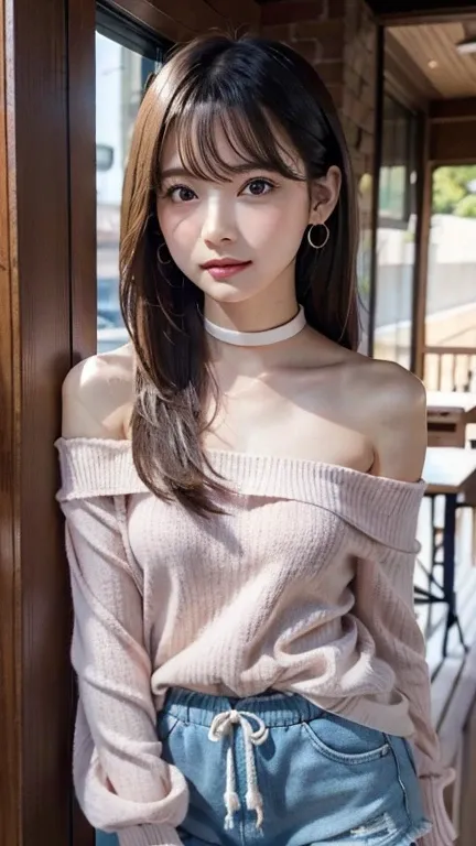 ((Off-the-shoulder knit、Drawstring Cami、Pintuck shorts))beautiful, calm and bright look、Refreshing look、完璧なbeautifulcute顔、Very bright、Long bangs between the eyes、Long black hair straight hair、とてもcute、beautifully、Young little woman、非常に完璧なbeautifulcute顔、、Rea...