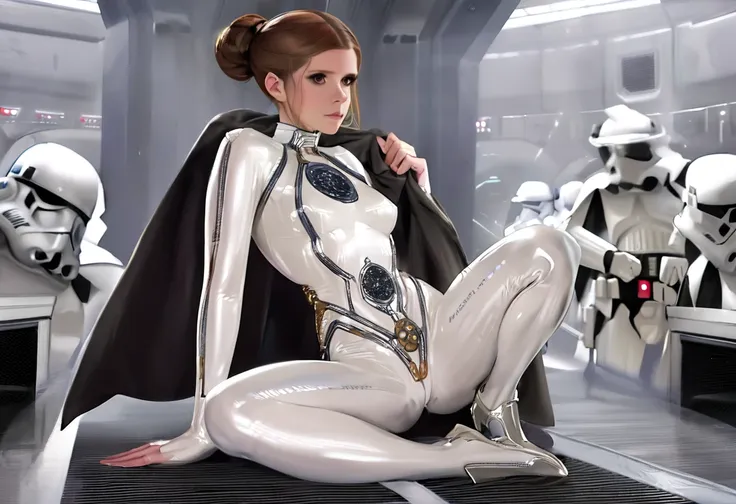 kate mara (age 25) in the role of princess leia (white metallic skinsuit and cloak) is a high tech and very dangerous torture ch...