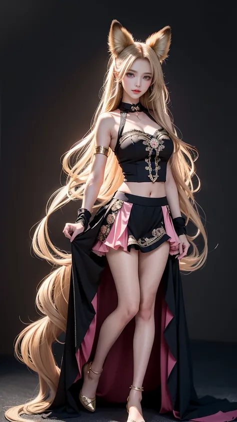 An anime manga fox hybrid girl, Latina brown dark tanned skin, long GOLDEN BLONDE, DARK-BLONDE wavy hair, PINK eyes, pink irises, black lacy pirate girl outfit with fox accents, black lace top and black short flowy skirt, thin breezy fabrics, distinctive g...