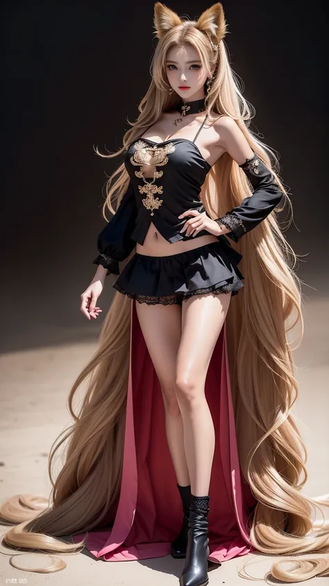 An anime manga fox hybrid girl, Latina brown dark tanned skin, long GOLDEN BLONDE, DARK-BLONDE wavy hair, PINK eyes, pink irises, black lacy pirate girl outfit with fox accents, black lace top and black short flowy skirt, thin breezy fabrics, distinctive g...