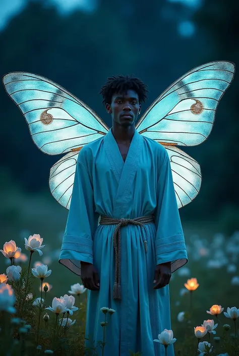 A beautiful photography Man, wearing beautiful robes made from luna moth wings and silver leaves, surrounded by moonflowers at night in the style of film set and in the style of clean shapes. Fantasy, dreamlike, surrealism, vibrant colors, cinematic lighti...