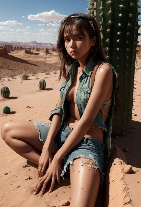 1solo girl, sitting in a cactus, with torn clothes, desert,