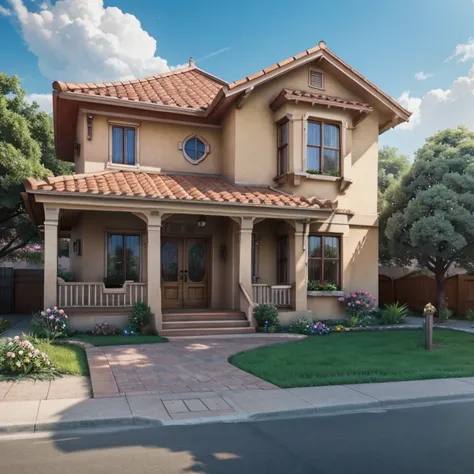 painting the facade of a three-story western-style small house., white walls, light green doors and windows, pink rose flowers, ...