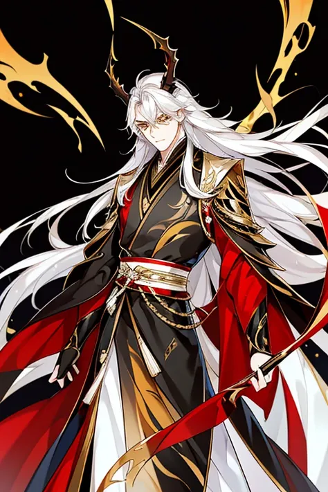 Handsome, solo, 1 male, long hair, white hair , yellow eyes, black shirt, black suit, Hanfu with red dragon patterns and gold edges highlighting the aura of a leader, golden horns, best quality, 16k, masterpiece, detailed face drawing, with two arms and tw...