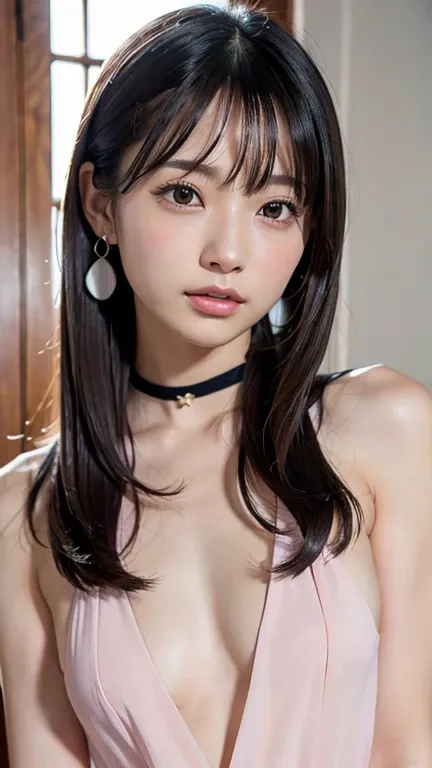 ((Completely naked))beautiful, calm and bright look、Refreshing look、完璧なbeautifulcute顔、Very bright、Long bangs between the eyes、Long black hair straight hair、とてもcute、beautifully、Young little woman、非常に完璧なbeautifulcute顔、、Real17歳女性、cute,((Small breasts：1.4))、((...