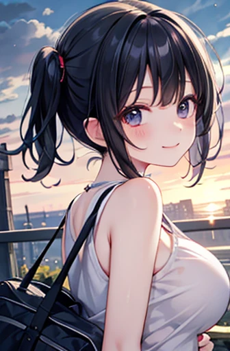 （Cute older sister:1.3）、smile,Spring atmosphere、one piece、evening、Black Hair、university student、Pigtails、holiday、Okabo Hair,Large Breasts