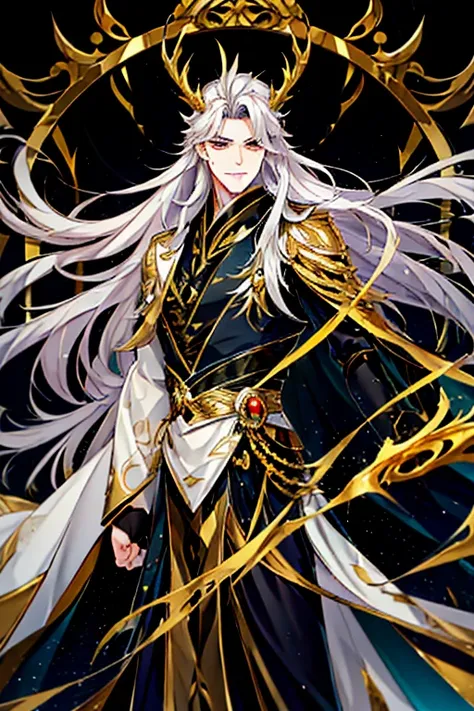 handsome, solo, 1 male, long hair, white hair , yellow eyes, black shirt, black suit, hanfu with red dragon patterns and gold ed...