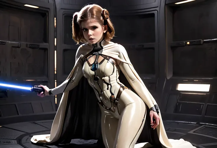 kate mara (age 25) in the role of princess leia (white metallic skinsuit and cloak) is a high tech and very dangerous torture ch...