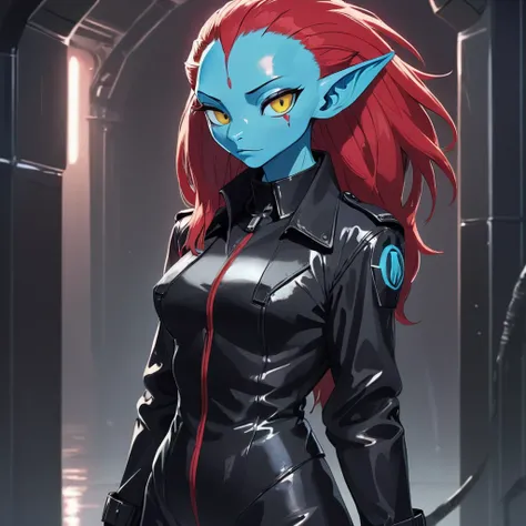 Oc,na’vi, a alien blue skin red hair skinny buff femboy man wearing hunter suit latex,black trench-coat with a red mark on the bust,thick, in an 80’s style. He’s androgynous , including some weapons and a sensual , cool expression. Sweating.The scene has a...