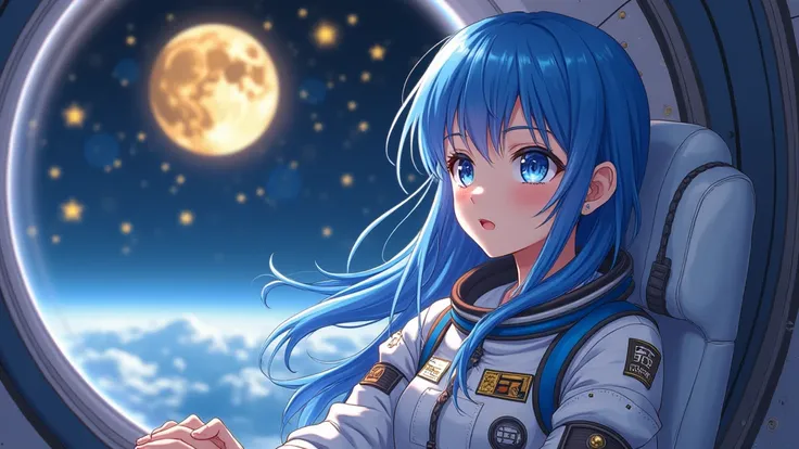 A sexy girl with blue eyes and long blue hair wearing space suit in a spaceships cockpit. Floating in the air, while looking at a moon made with gold and stars in a shape of coins through a window. Shes very beautiful and cute, her lips is soft pink, her h...