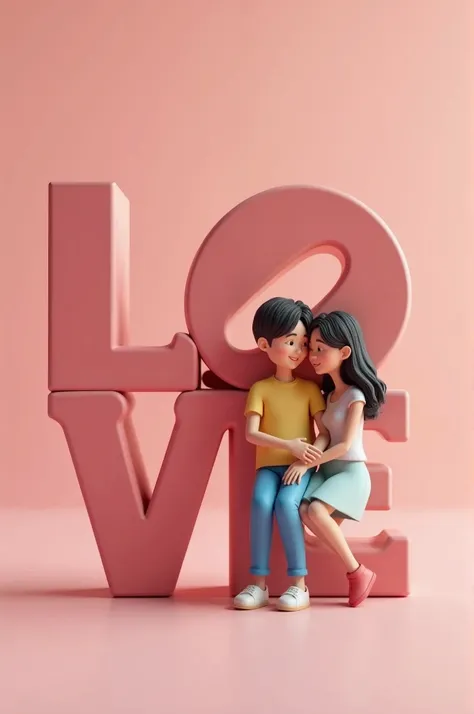 3D Art Illustration，A young and lovely Asian couple sitting on a large 3D graphics，The picture is warm and happy，The couple sits on the figure and leans on each other，Feeling very happy，Clay Style，浮动Rose，Pink background，Lake blue，Bright colors，High Saturat...