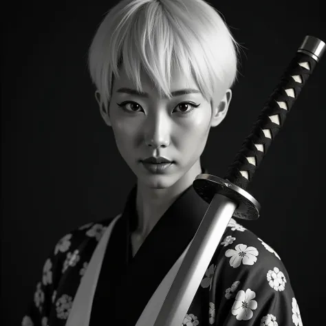 Beautiful Korean woman with short white hair wearing a black and white yukata holding a katana. Surrealistic style. Black and white tones. Mid shot. Dramatic light.