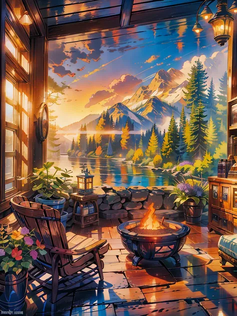 a living room filled with furniture and a fire pit, ( ( thomas kinkade ) ), dan mumford and thomas kinkade, scenery artwork, kinkade, style of thomas kinkade, style thomas kinkade, scenery art detailed, thomas kinkade style painting, thomas kinkade paintin...