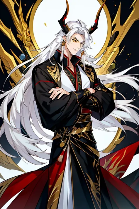 handsome, solo, 1 male, long hair, white hair , yellow eyes, black shirt, black suit, hanfu with red dragon patterns and gold ed...