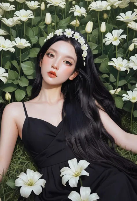 (oil painting:1.5), a woman with long black hair and white flowers in her hair is laying down in a field of white flowers, (amy sol:0.248), (stanley artgerm lau:0.106), (a detailed painting:0.353), (gothic art:0.106)