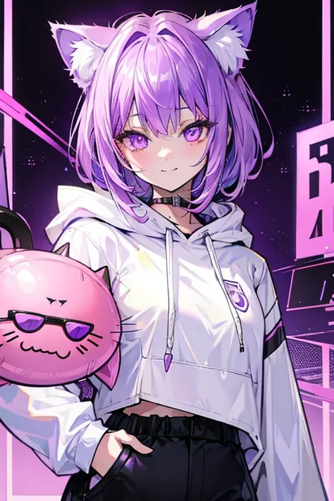 short hair、Light purple hair、Shiny Hair、Beautiful eyes、Cat ear、hoodie、Food、White big pants、sunglasses、Purple main color、Beautiful face、Around 20 years old、woman、Neon Town、Suspicious smile、cool、