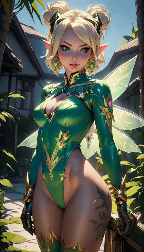 sexy woman in green bodysuit with fairy wings and a green top, ornate cosplay, in the style of ross tran, ross tran 8 k, wlop and ross tran, mercy from overwatch, [ trending on cgsociety ]!!, extremely detailed artgerm, ross tran style, stunning cgsociety,...