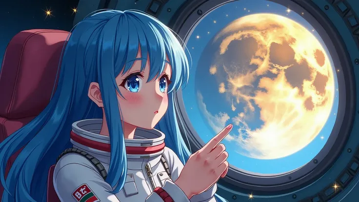 A sexy girl with blue eyes and long blue hair wearing space suit in a spaceships cockpit. Floating in the air, while looking at a moon made with gold and stars in a shape of coins through a window. Shes very beautiful and cute, her lips is soft pink, her h...