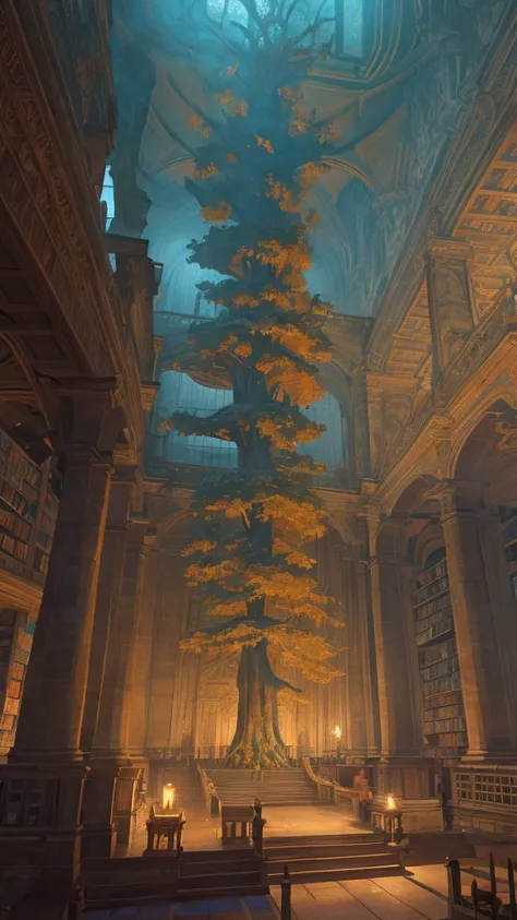 a massive, ancient world tree, library, intricate branches, ornate architecture, high ceilings, rows of bookshelves, dim lighting, warm tones, fantastical atmosphere, (best quality,4k,8k,highres,masterpiece:1.2),ultra-detailed,(realistic,photorealistic,pho...