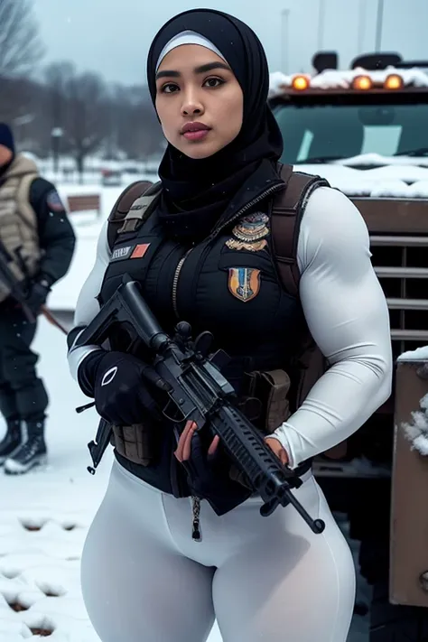 Photorealistic, high resolution, 1 malay woman in hijab, Solo, Hips up, Snow background，view the viewer, (Detailed face), White hijab, SWAT vests, sniper rifle handle, Black military uniform, bulletproof vest, Holding an assault rifle, M16, Inside the city...