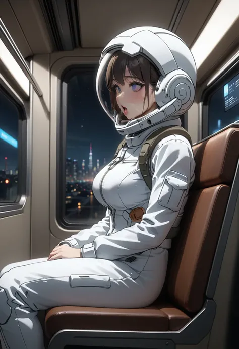 space helmet, (cinematic scene, sitting on a chair, train interior, , city view, night view: 1.5), space helmet, eva helmet, space suit, astronaut), smile bubble helmet, very detailed, speed helmet, bubble helmet, ,upper body, astronaut),eva helm, spacesui...