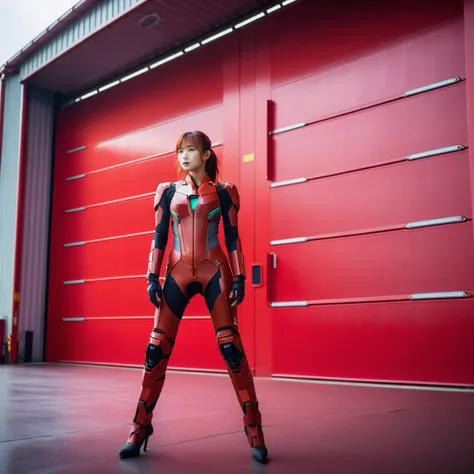 Photo of Soryu Asuka Langley, Futuristic red hangar door background, Medium Shot, 8K Ultra HD, Digital SLR, Cinema Lighting,
