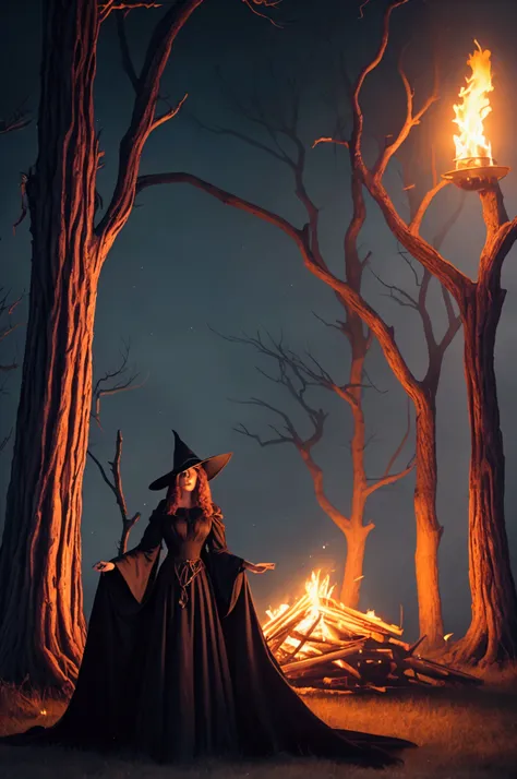 1 female beautieful witch at a bonfire, cloaked, floating in the wind, night scene, creepy trees