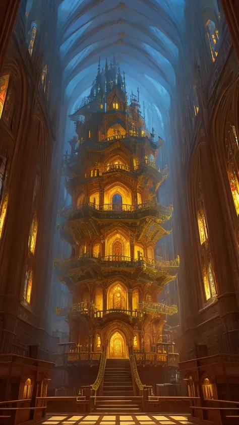 detailed fantasy library in a giant tree, beautiful intricate architecture, vast interior space with bookshelves, stained glass windows, warm lighting, photorealistic, cinematic composition, epic scale, 8k, hyper detailed, masterpiece