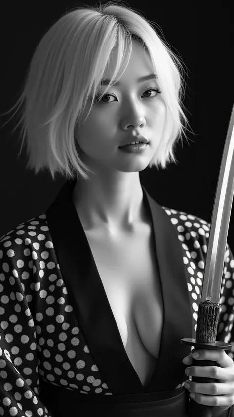 A Korean woman with short, white hair, a beautiful face showing her cleavage, wearing a black and white yukata, holding a katana, surrealistic style, black and white tones, mid shot, dramatic light.