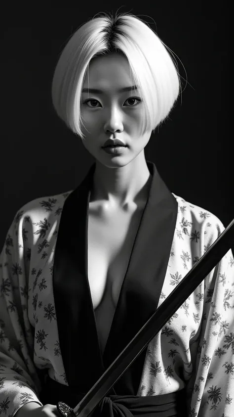 A Korean woman with short, white hair, a beautiful face showing her cleavage, wearing a black and white yukata, holding a katana, surrealistic style, black and white tones, mid shot, dramatic light.