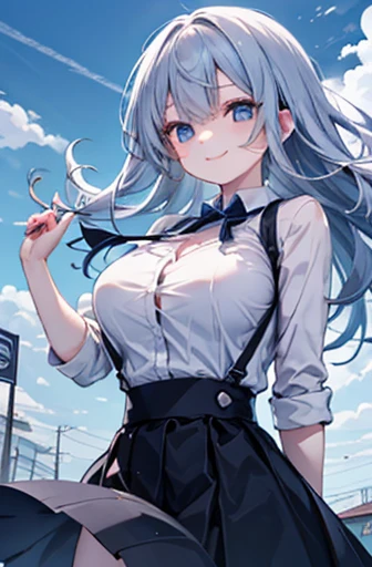 （Cute older sister:1.3）、Long eyelashes、smile,Spring atmosphere、noon、Aggressive、hot、((Strong winds))、Black Skirt、Shining Eyes、Light blue Y-shirt、Cafe,Large Breasts