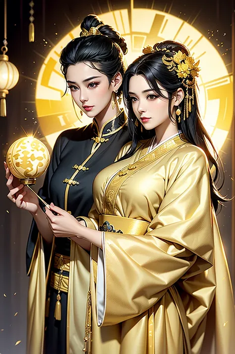 Black Hair, Immortal, Beauty, Royal sister, Stepmother, Gold Yellow Taoist robe, Golden Phoenix Coronet, Hair Bunch, Mature Woman，Sunshine