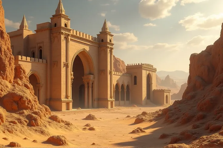 Desert Kingdom architecture: sandstone structures with intricate carvings and tall spires, partially buried ancient ruins. Grand palaces and fortresses with desert-themed decorations. Realistic, grand, and majestic, with an epic, movie-like quality.
