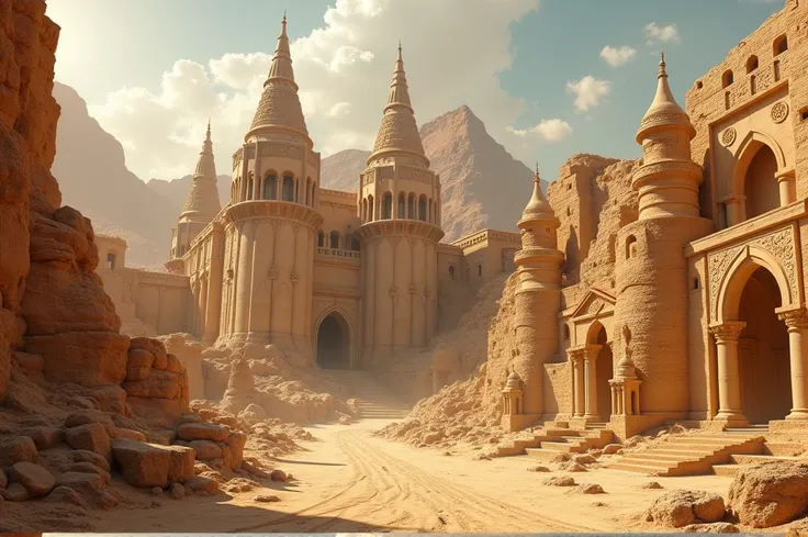 Desert Kingdom architecture: sandstone structures with intricate carvings and tall spires, partially buried ancient ruins. Grand palaces and fortresses with desert-themed decorations. Realistic, grand, and majestic, with an epic, movie-like quality.
