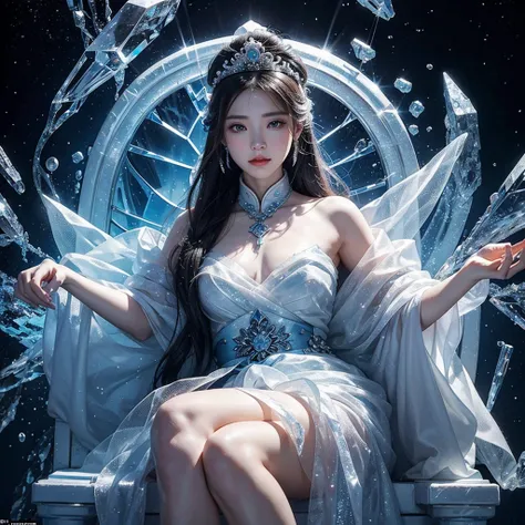 There is a poster，Picture with some ice cubes on it, Made of Ice, Everything is Made of Ice, female Made of Ice, ice background, on a throne of crystals, Inspired by Mei Qing, on an icy throat,