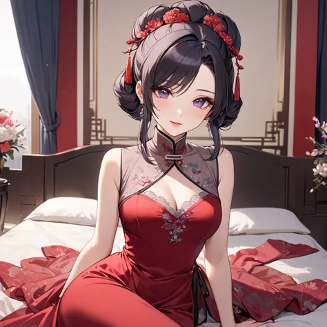 ((Highest quality)), ((masterpiece)), (detailed), （Perfect Face）、The woman is a Chinese woman named Kocho Shinobu.。, Purple gradient bob black hair and formal evening hairstyles. She is wearing an engagement ring. She is a prominent member of the Chinese C...