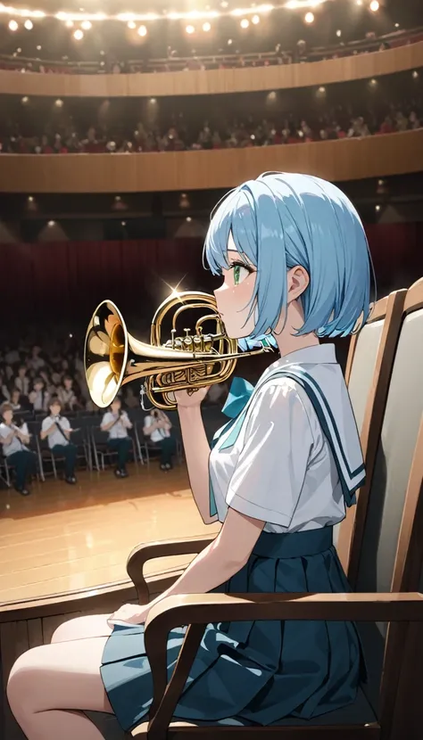 Highest quality、Light blue hair、Short Bob、Deep green eyes、Small breasts,Age 25,Japan High School Summer Uniforms、White short sleeve blouse、Concert Hall、Sitting in his seat listening to the brass band performance、I am moved to tears、side shot ,looking outsi...