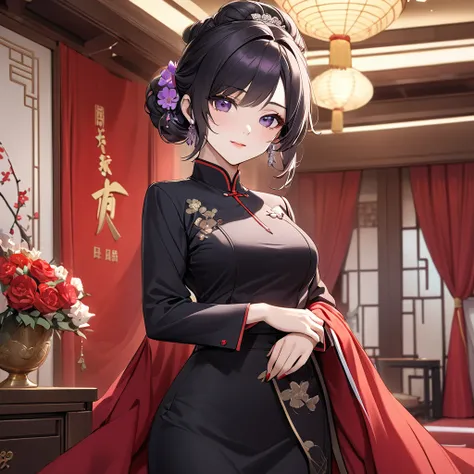 ((Highest quality)), ((masterpiece)), (detailed), （Perfect Face）、The woman is a Chinese woman named Kocho Shinobu.。, Purple gradient bob black hair and formal evening hairstyles. She is wearing an engagement ring. She is a prominent member of the Chinese C...