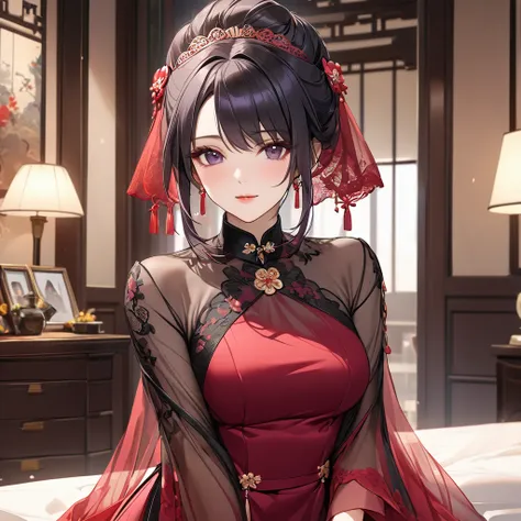 ((Highest quality)), ((masterpiece)), (detailed), （Perfect Face）、The woman is a Chinese woman named Kocho Shinobu.。, Purple gradient bob black hair and formal evening hairstyles. She is wearing an engagement ring. She is a prominent member of the Chinese C...