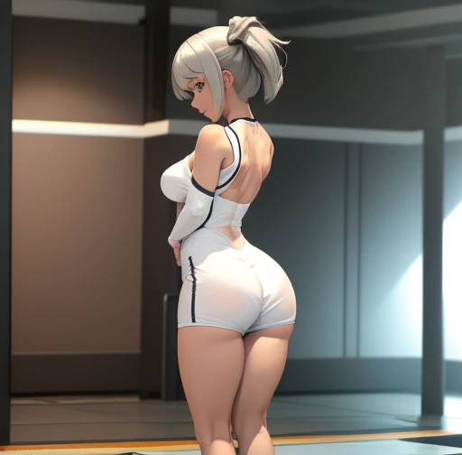 Bea is wearing a tight white gym suit that becomes transparent with the sweat that falls from exhaustion and receives a spanking on her huge ass 