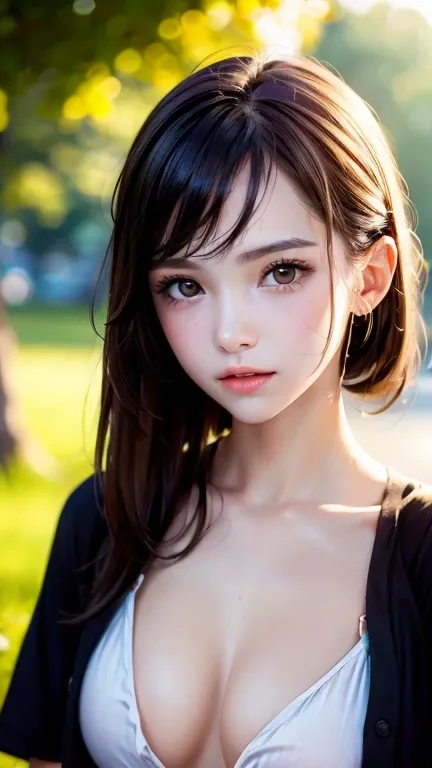 Girl in summer clothes,  As if I wanted to kiss you, (Girl looking at camera), Small breasts, Chest skin is slightly visible, Random Background, Sexy expression, ((Very detailed)), (Perfectly detailed face), (Handcrafted with attention to detail) Photoreal...